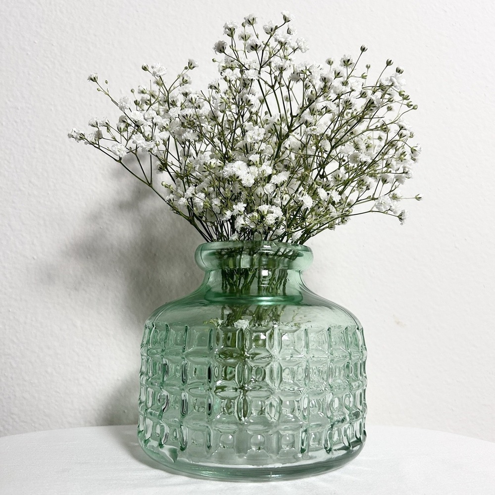 Vintage Light Green‎ Glass Waffle Textured Grid Pattern Bud Vase Decor Small